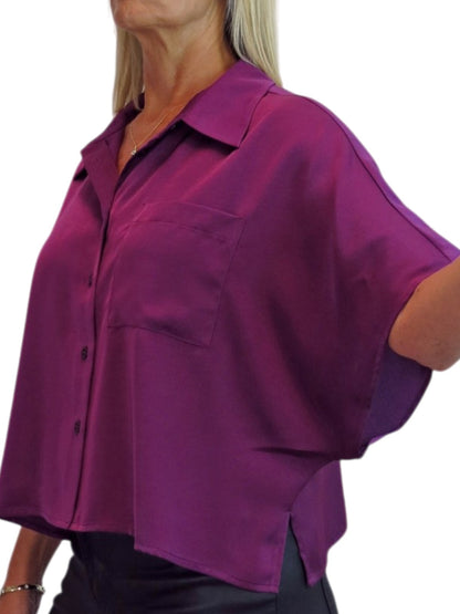 Womens Cropped Satin Short Sleeve Blouse Deep Plum