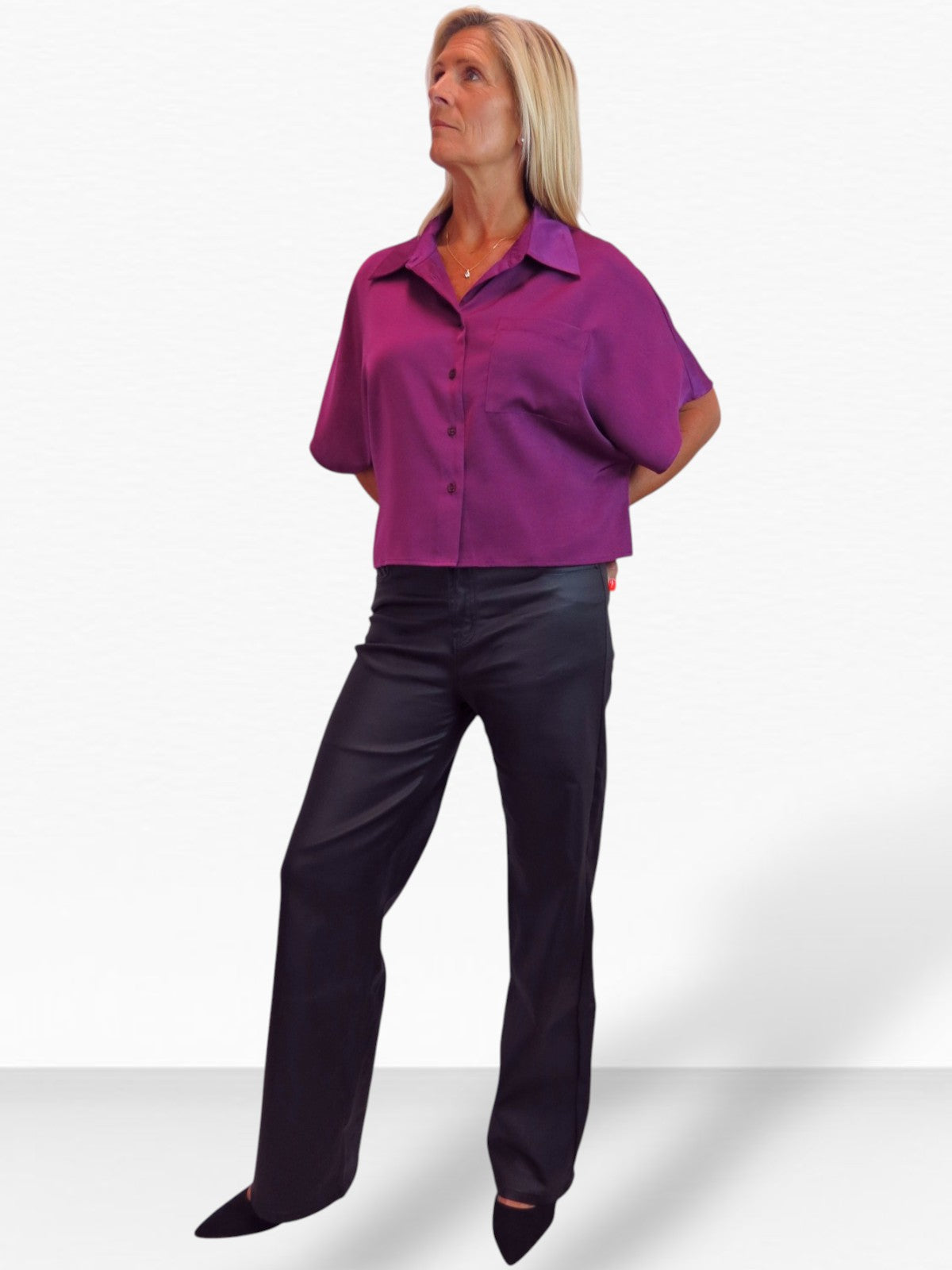 Womens Cropped Satin Short Sleeve Blouse Deep Plum