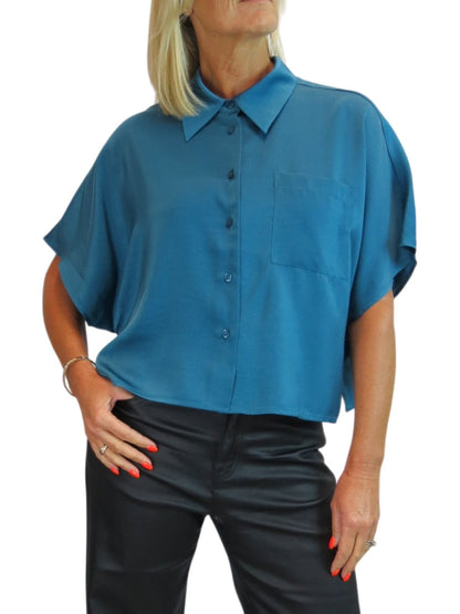 Womens Cropped Satin Short Sleeve Blouse Dark Teal