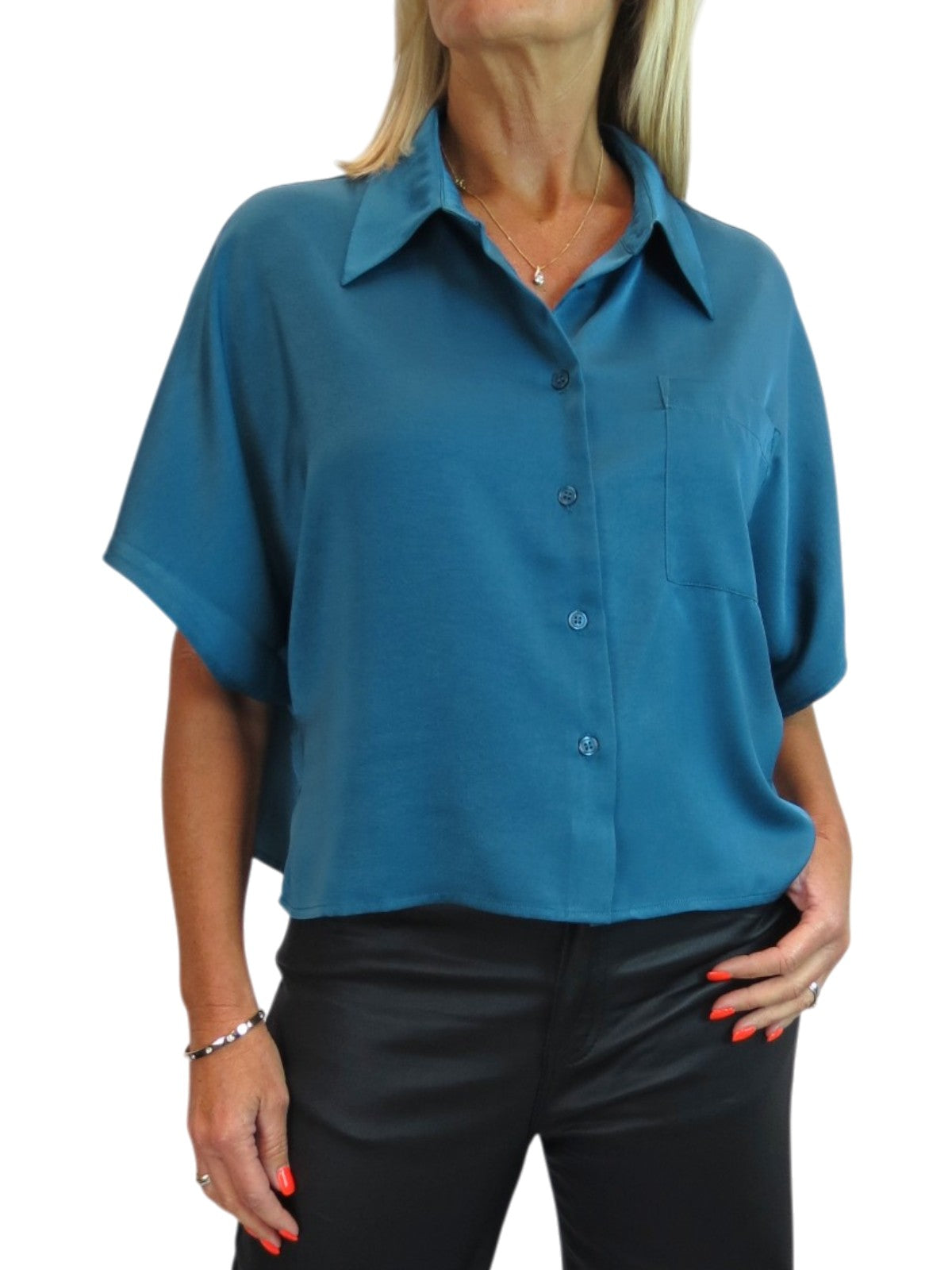 Womens Cropped Satin Short Sleeve Blouse Dark Teal