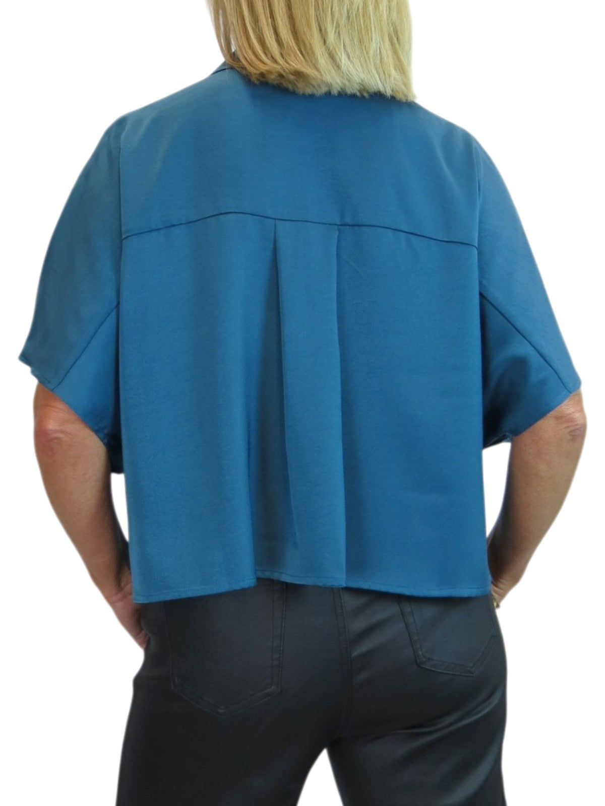 Womens Cropped Satin Short Sleeve Blouse Dark Teal