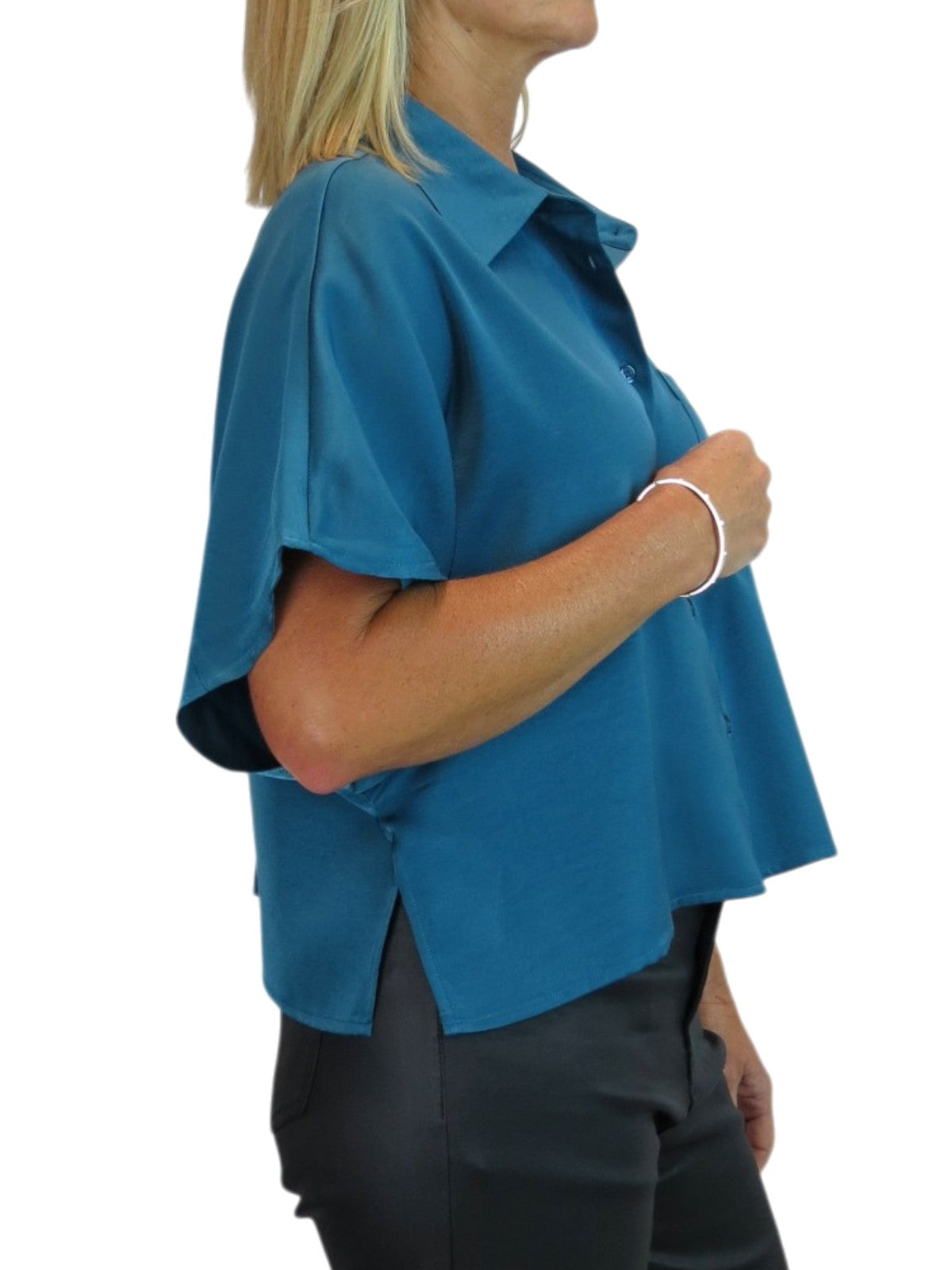 Womens Cropped Satin Short Sleeve Blouse Dark Teal