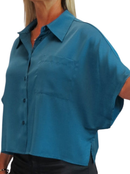 Womens Cropped Satin Short Sleeve Blouse Dark Teal