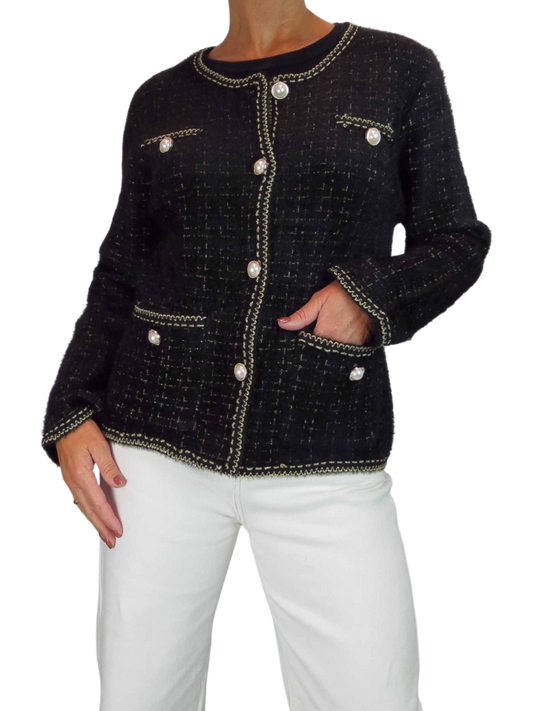 Pearl Button Knitted Jacket Black