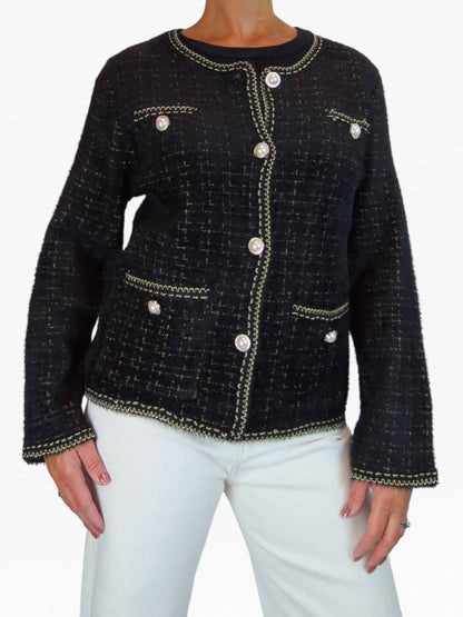 Pearl Button Knitted Jacket Black