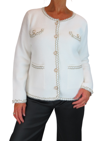 Soft Knitted Jacket with Gold & Pearl Trim Cream