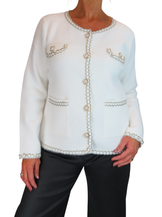 Soft Knitted Jacket with Gold & Pearl Trim Cream