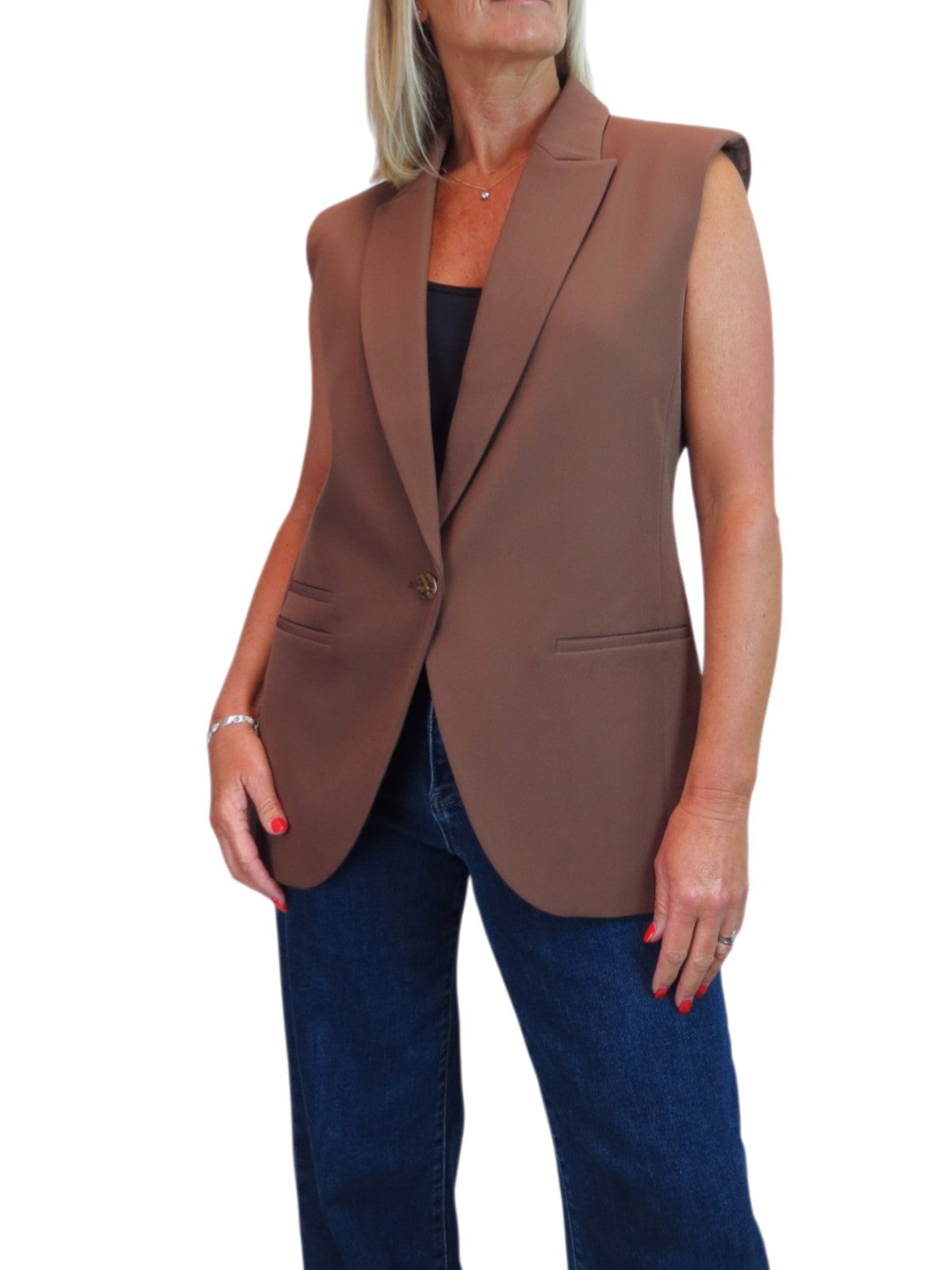 Longline Sleeveless Smart Waistcoat Caramel Brown