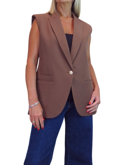 Longline Sleeveless Smart Waistcoat Caramel Brown