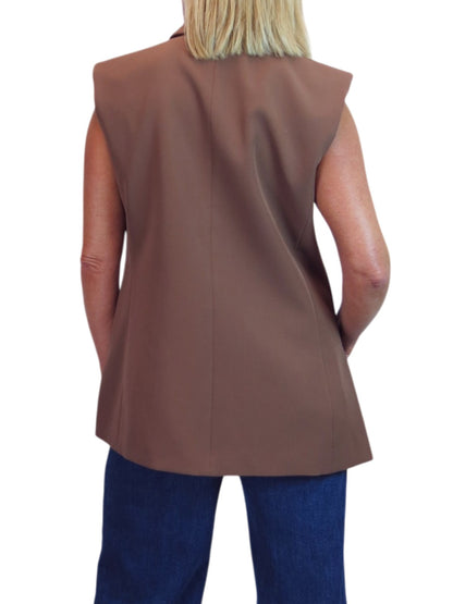 Longline Sleeveless Smart Waistcoat Caramel Brown
