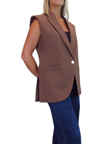Longline Sleeveless Smart Waistcoat Caramel Brown