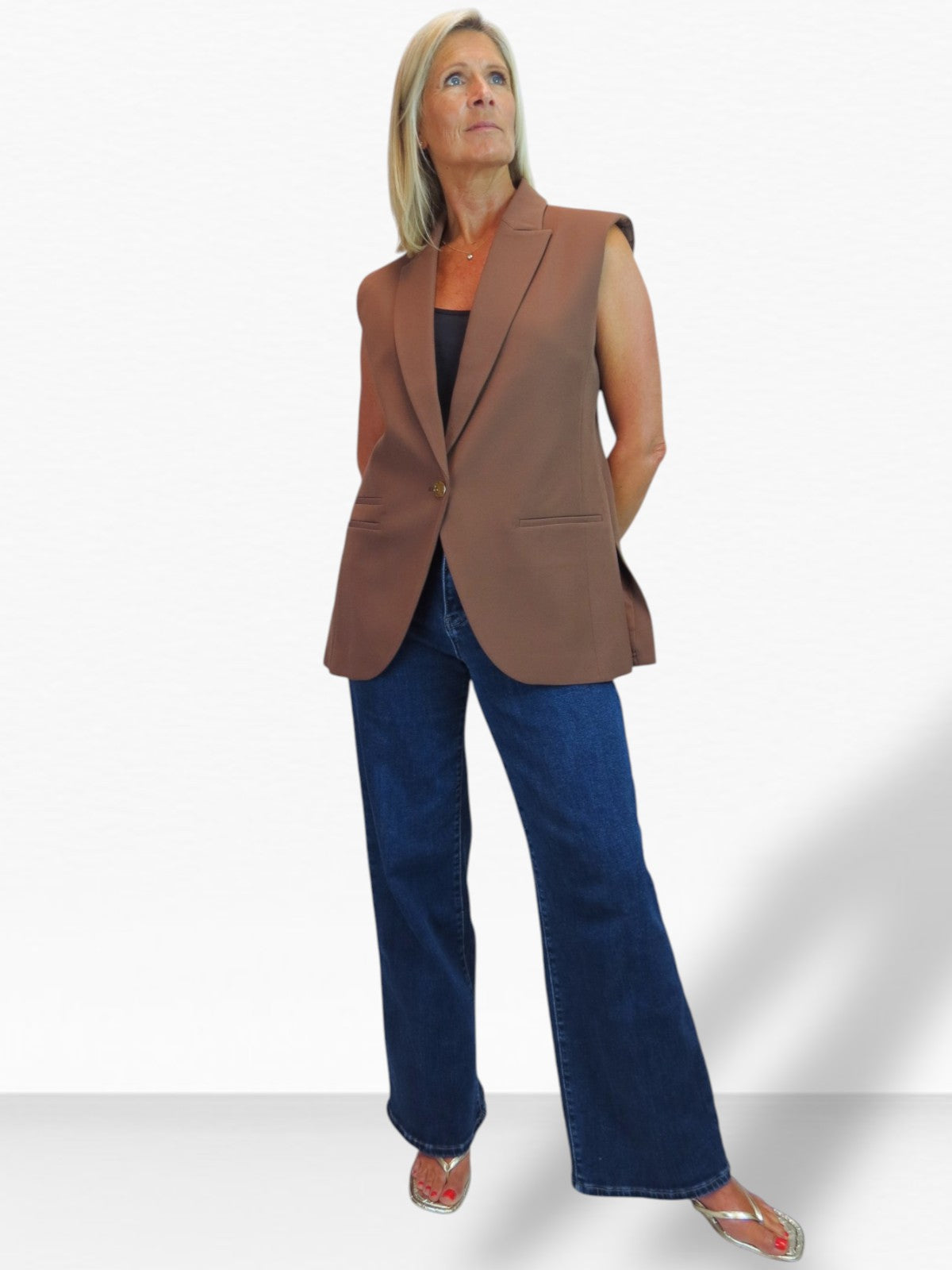 Longline Sleeveless Smart Waistcoat Caramel Brown