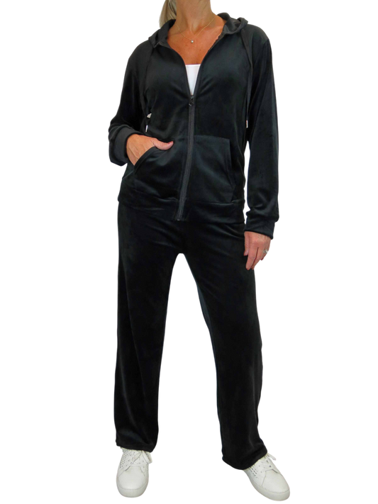 Velour Tracksuit Set 2 Piece Black