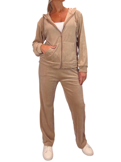 Velour Tracksuit Set 2 Piece Beige