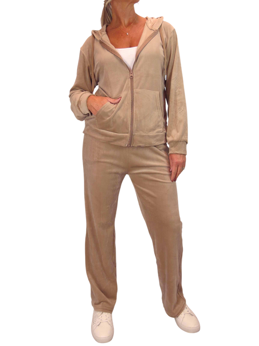 Velour Tracksuit Set 2 Piece Beige