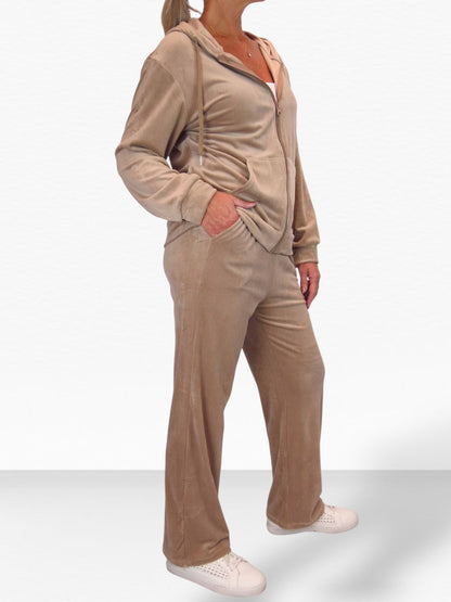 Velour Tracksuit Set 2 Piece Beige