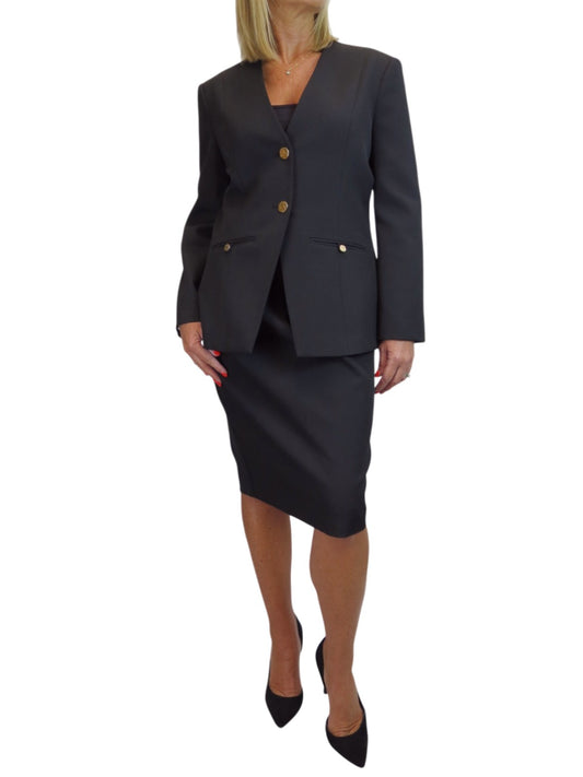 Smart 2 Piece V Neck Jacket and Midi Skirt Suit Black