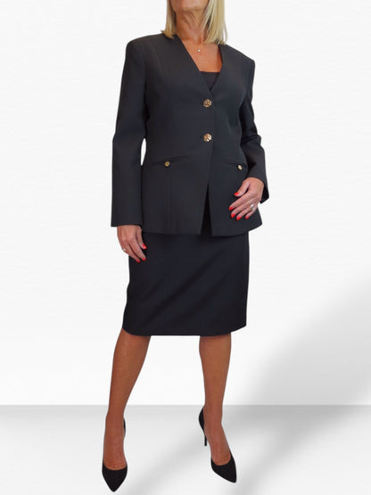 Smart 2 Piece V Neck Jacket and Midi Skirt Suit Black