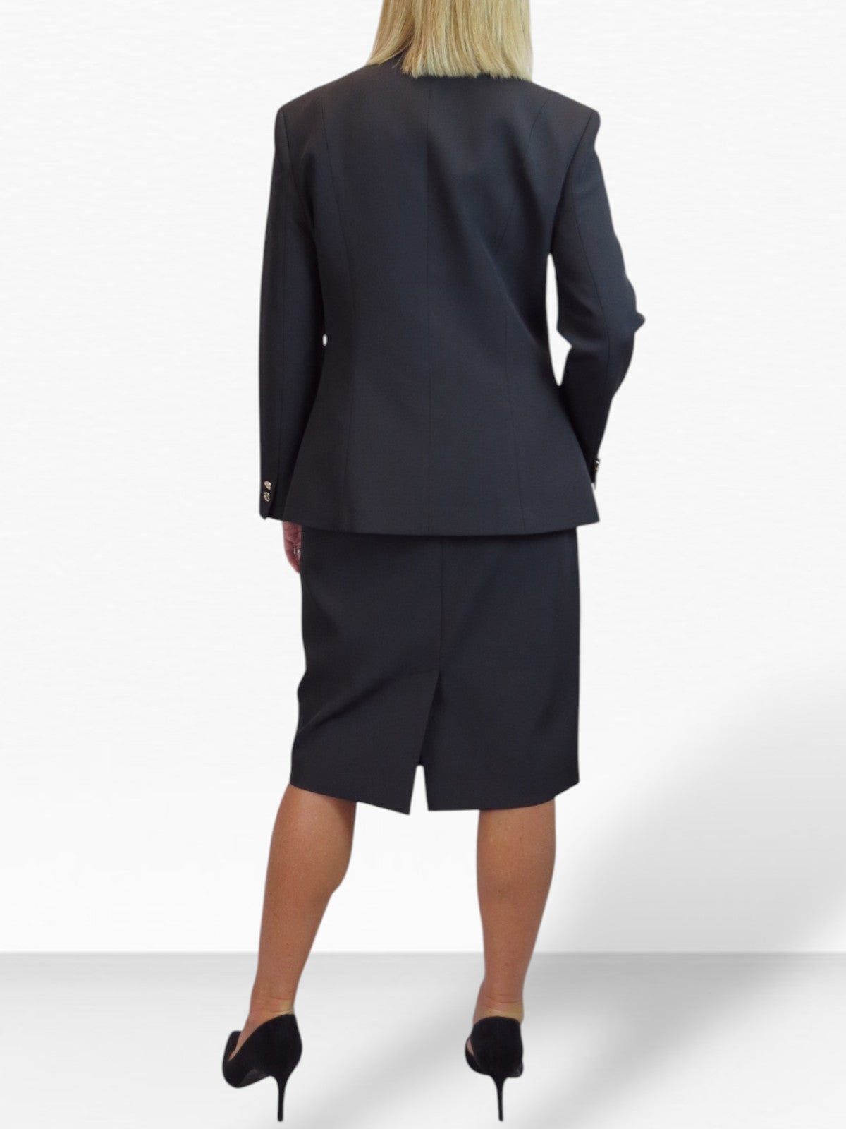 Smart 2 Piece V Neck Jacket and Midi Skirt Suit Black