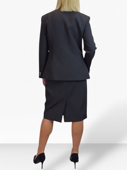 Smart 2 Piece V Neck Jacket and Midi Skirt Suit Black