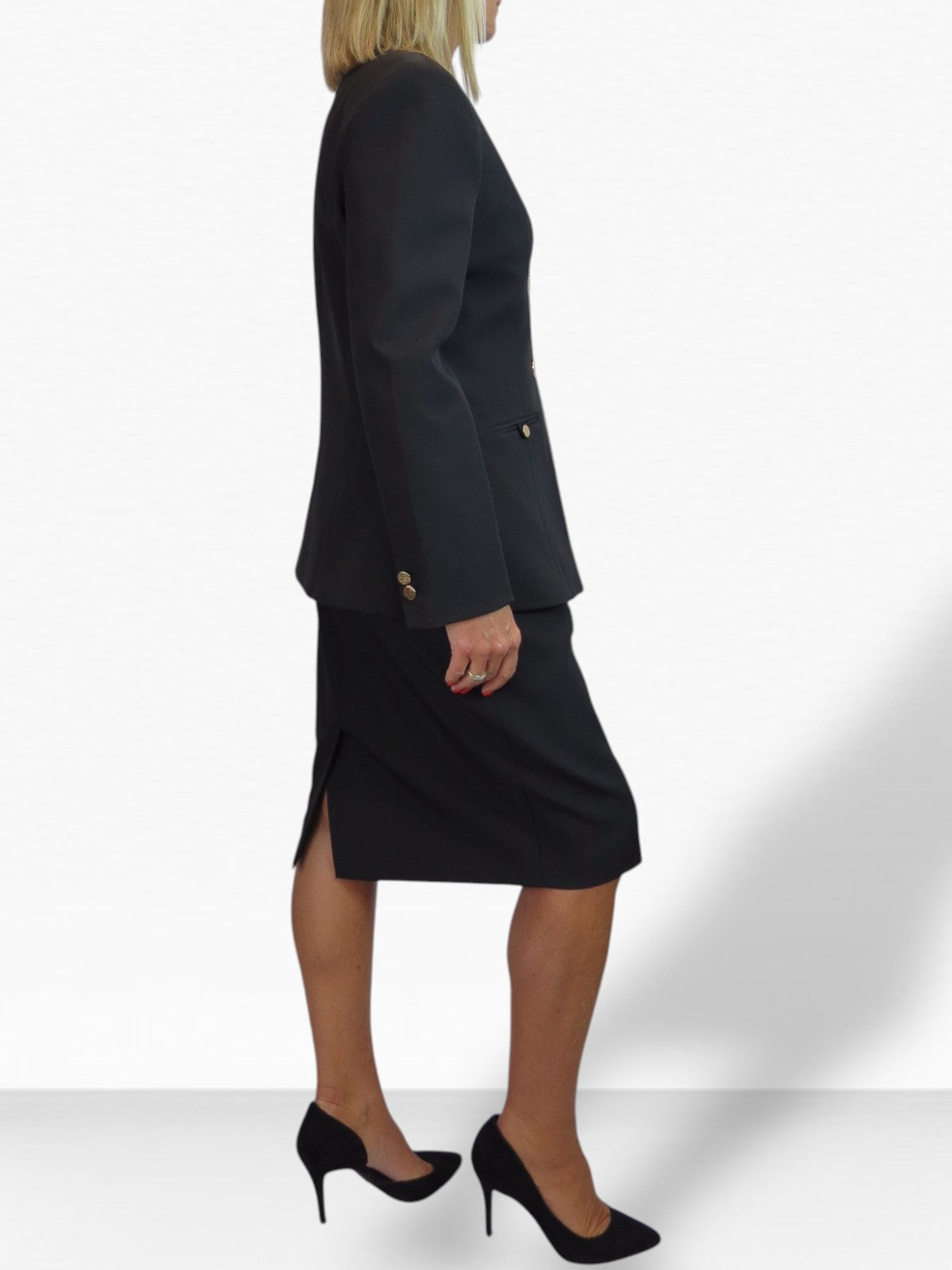 Smart 2 Piece V Neck Jacket and Midi Skirt Suit Black