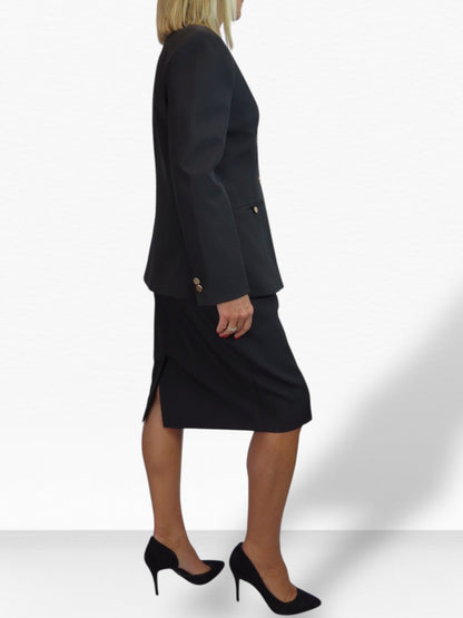 Smart 2 Piece V Neck Jacket and Midi Skirt Suit Black