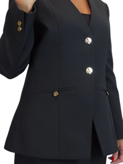 Smart 2 Piece V Neck Jacket and Midi Skirt Suit Black