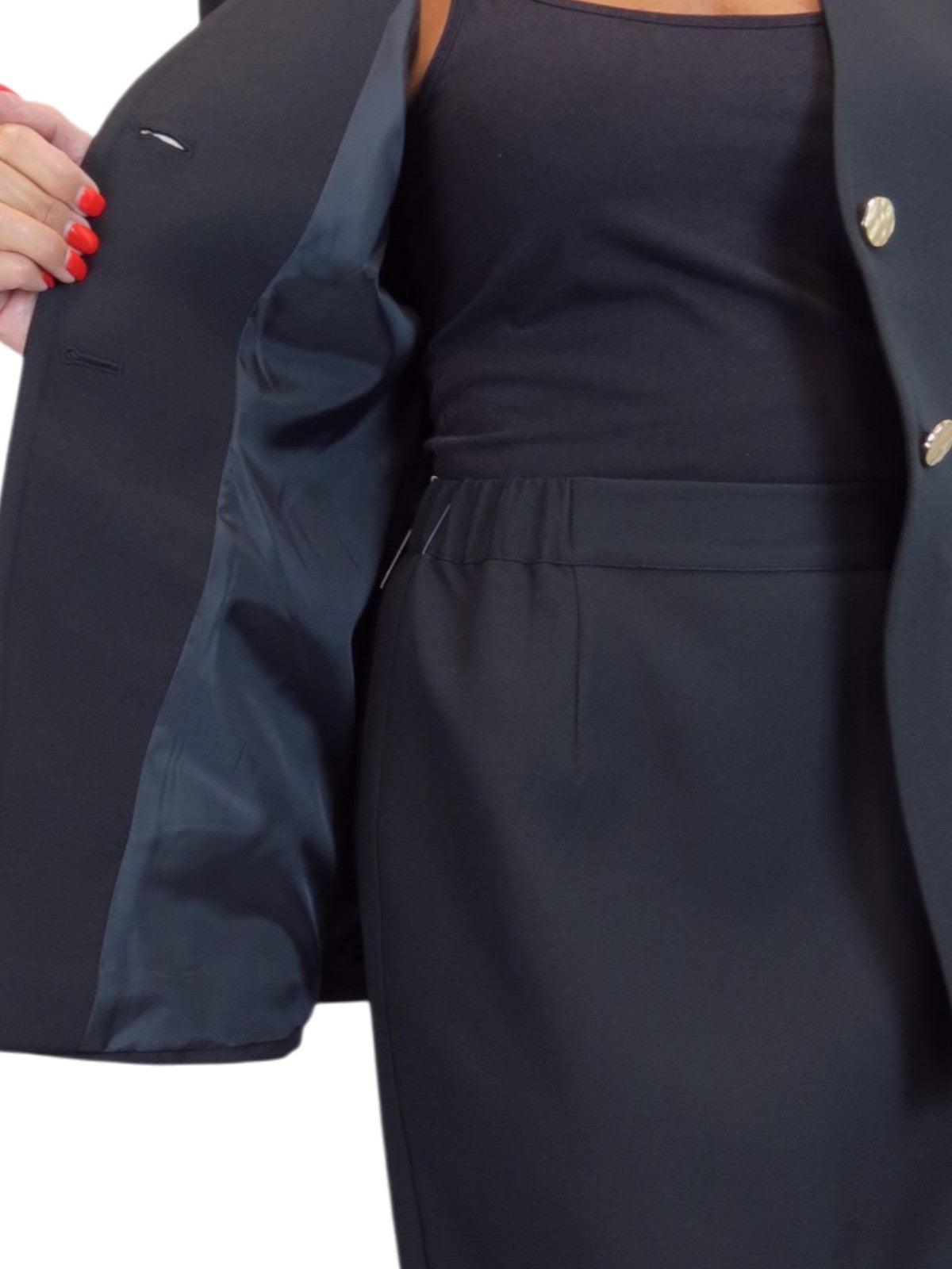 Smart 2 Piece V Neck Jacket and Midi Skirt Suit Black