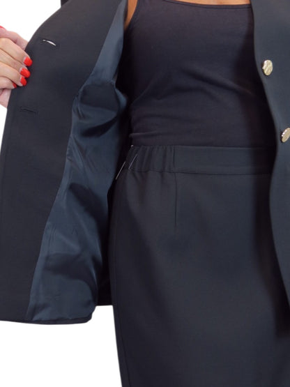 Smart 2 Piece V Neck Jacket and Midi Skirt Suit Black