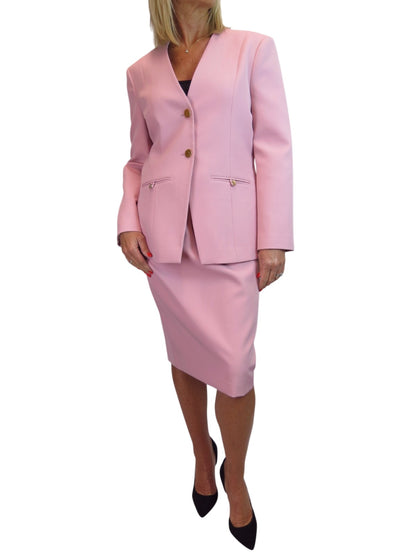 Smart 2 Piece V Neck Jacket and Midi Skirt Suit Pink