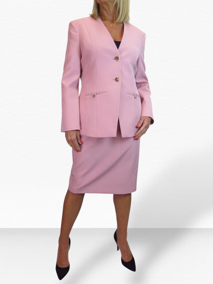 Smart 2 Piece V Neck Jacket and Midi Skirt Suit Pink