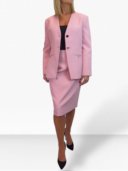 Smart 2 Piece V Neck Jacket and Midi Skirt Suit Pink