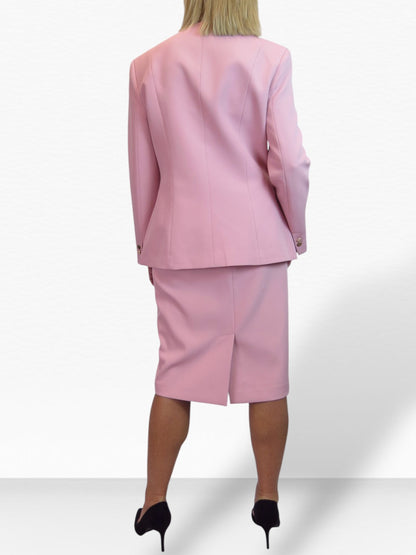 Smart 2 Piece V Neck Jacket and Midi Skirt Suit Pink