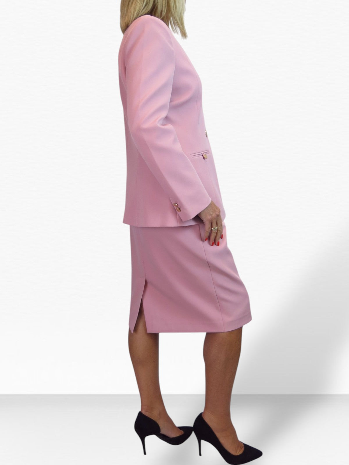 Smart 2 Piece V Neck Jacket and Midi Skirt Suit Pink