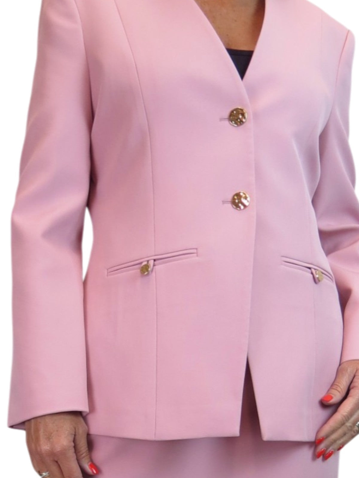 Smart 2 Piece V Neck Jacket and Midi Skirt Suit Pink