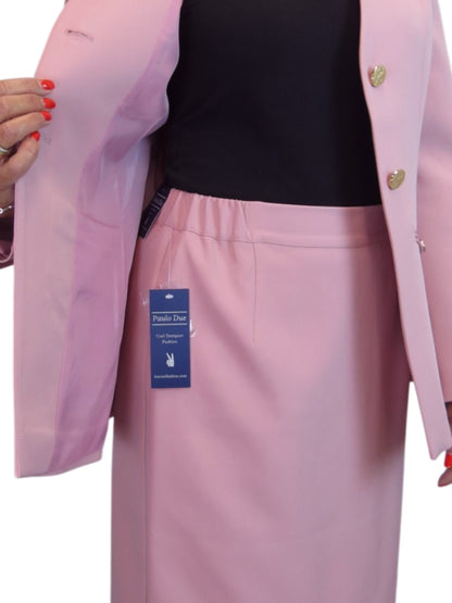 Smart 2 Piece V Neck Jacket and Midi Skirt Suit Pink