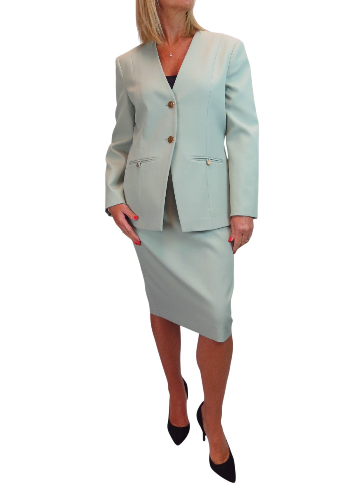 2 Piece V Neck Jacket and Midi Skirt Suit Sage Green