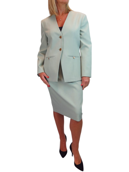 2 Piece V Neck Jacket and Midi Skirt Suit Sage Green