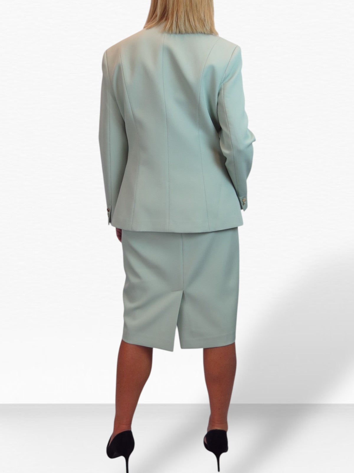 2 Piece V Neck Jacket and Midi Skirt Suit Sage Green