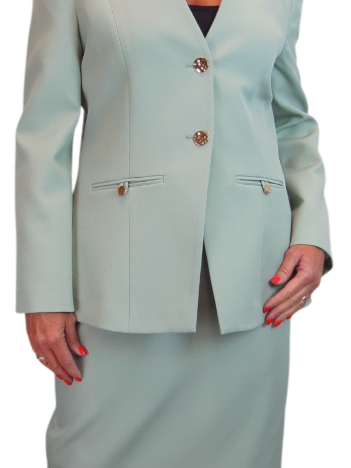 2 Piece V Neck Jacket and Midi Skirt Suit Sage Green