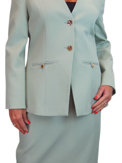 2 Piece V Neck Jacket and Midi Skirt Suit Sage Green