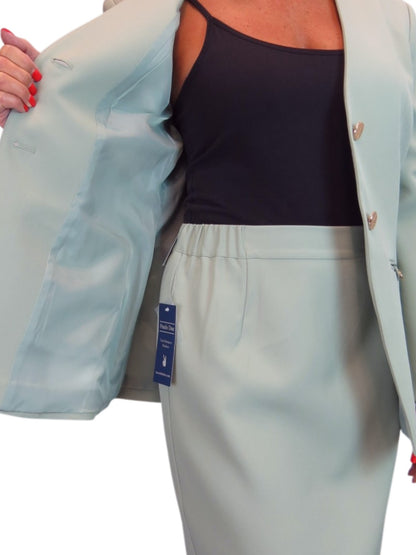 2 Piece V Neck Jacket and Midi Skirt Suit Sage Green