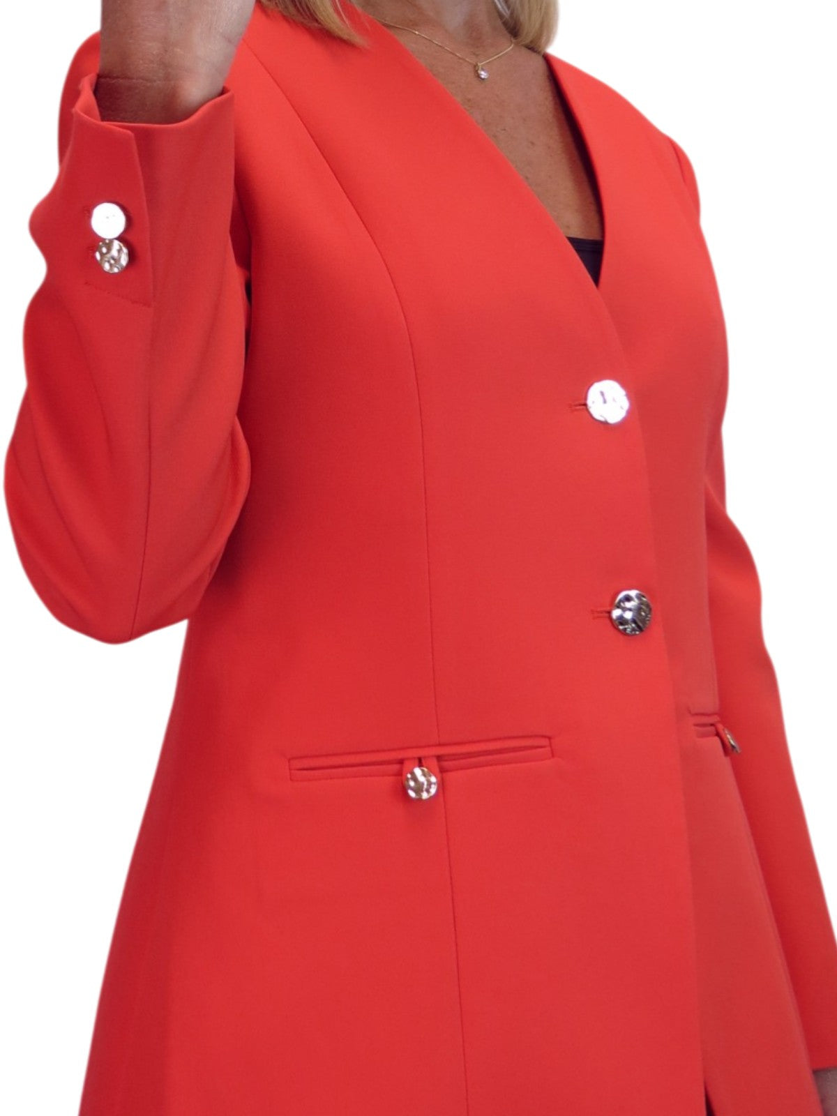 2 Piece V Neck Jacket and Midi Skirt Suit Deep Coral