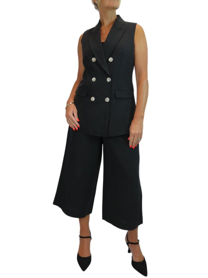 Smart Linen Look 2 Piece Waistcoat and Cropped Trouser Suit Black