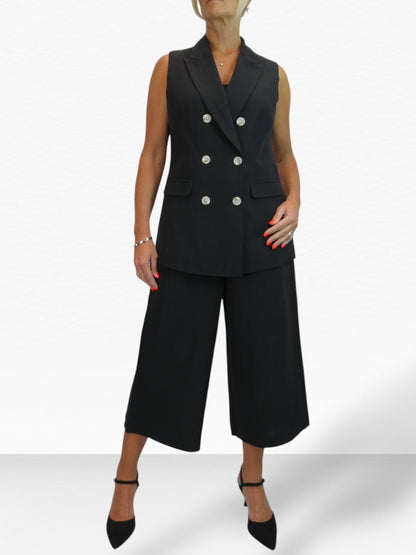 Smart Linen Look 2 Piece Waistcoat and Cropped Trouser Suit Black