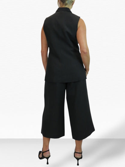 Smart Linen Look 2 Piece Waistcoat and Cropped Trouser Suit Black