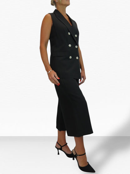 Smart Linen Look 2 Piece Waistcoat and Cropped Trouser Suit Black