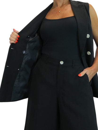 Smart Linen Look 2 Piece Waistcoat and Cropped Trouser Suit Black