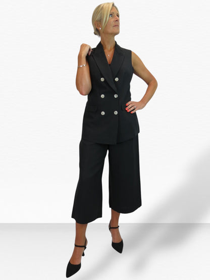 Smart Linen Look 2 Piece Waistcoat and Cropped Trouser Suit Black