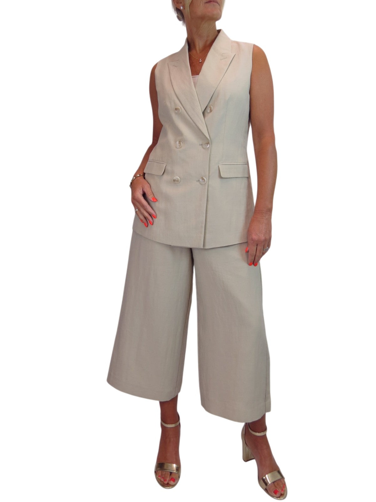 Smart Linen Look 2 Piece Waistcoat and Cropped Trouser Suit Beige